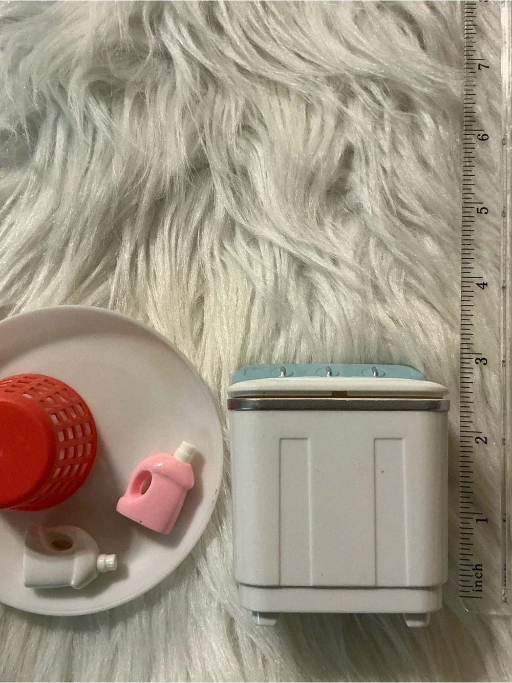 Miniature Toy Washer Set with Red Laundry Basket and Pink/White Detergent